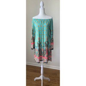 Honeyme Colorful Paisley BoHo Dress Size Large Mint Pink